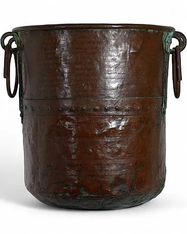 Hand-hammered copper planter with forged iron handles, 19th century