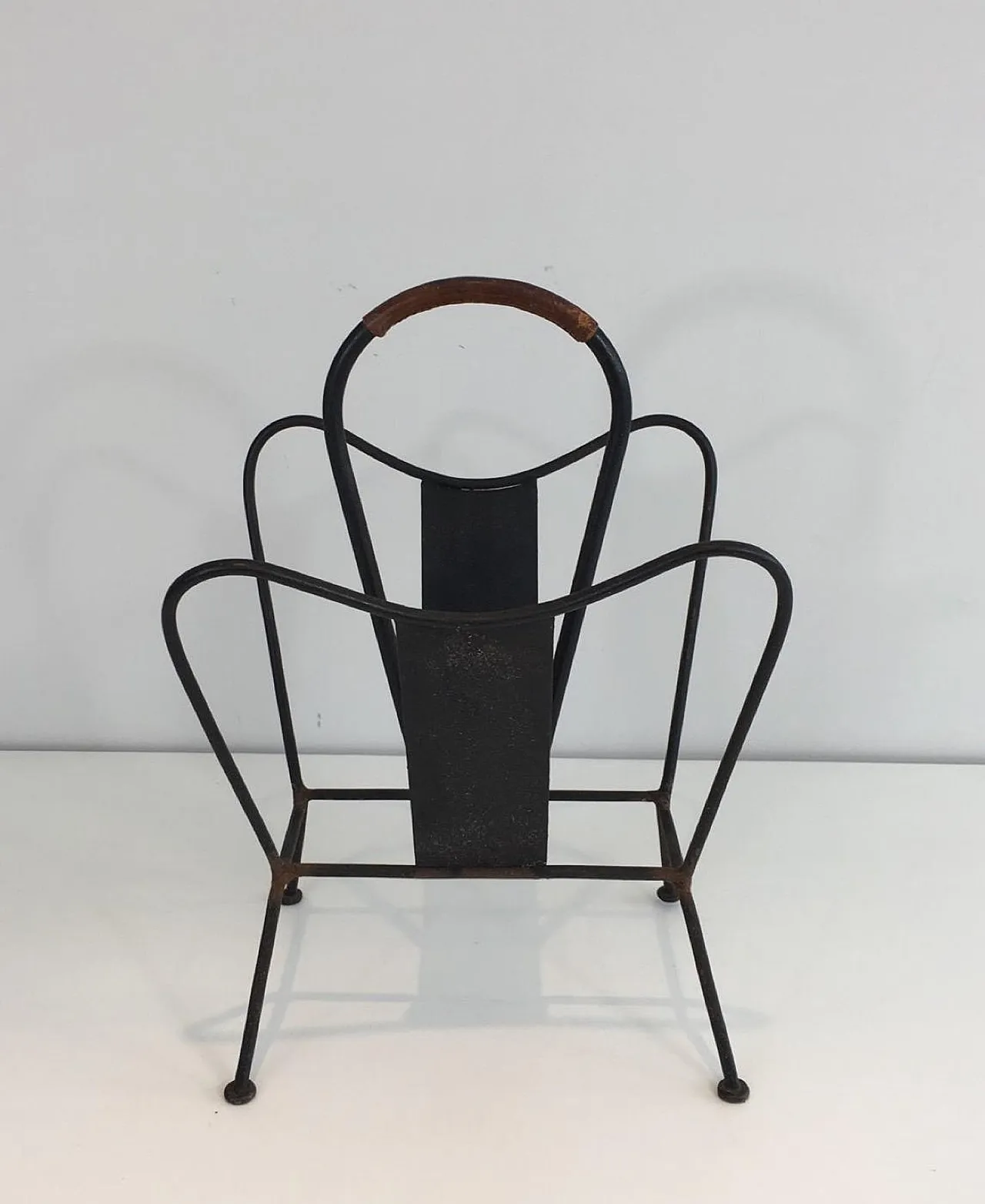 Black Lacquered and Brown Leather Magazine Rack, French, circa 1940 2