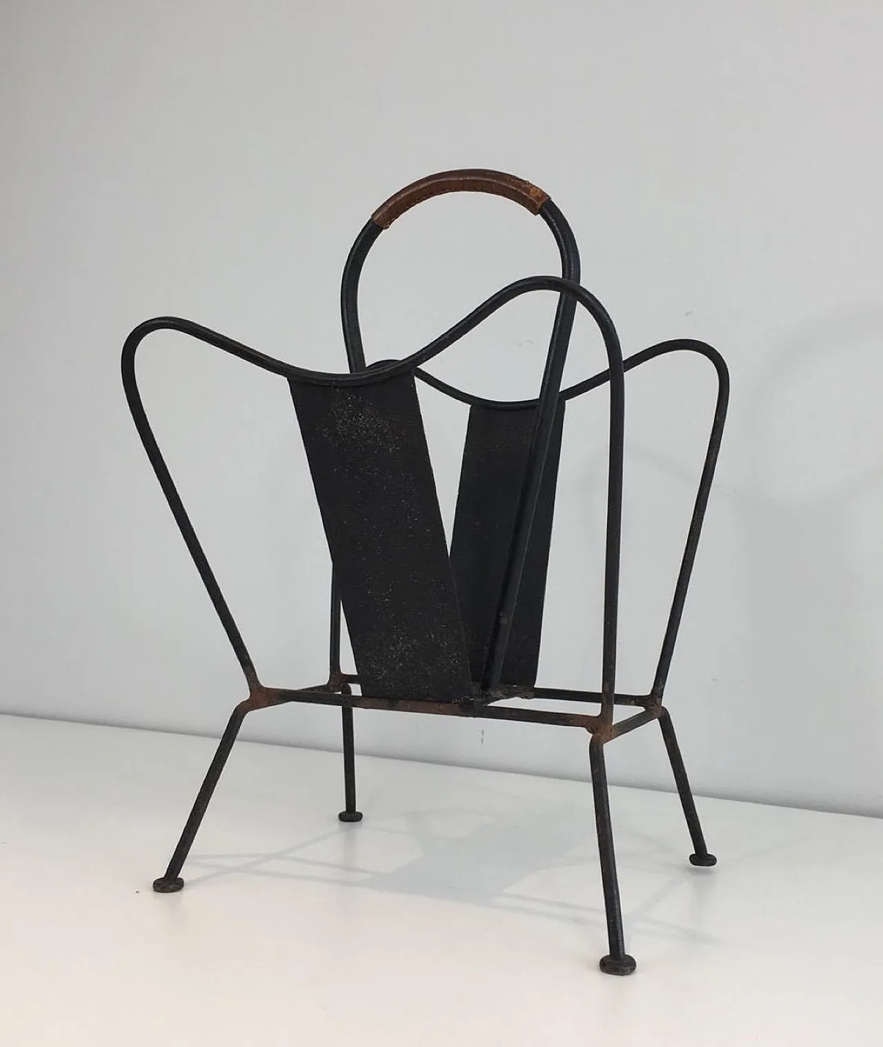 Black Lacquered and Brown Leather Magazine Rack, French, circa 1940 3