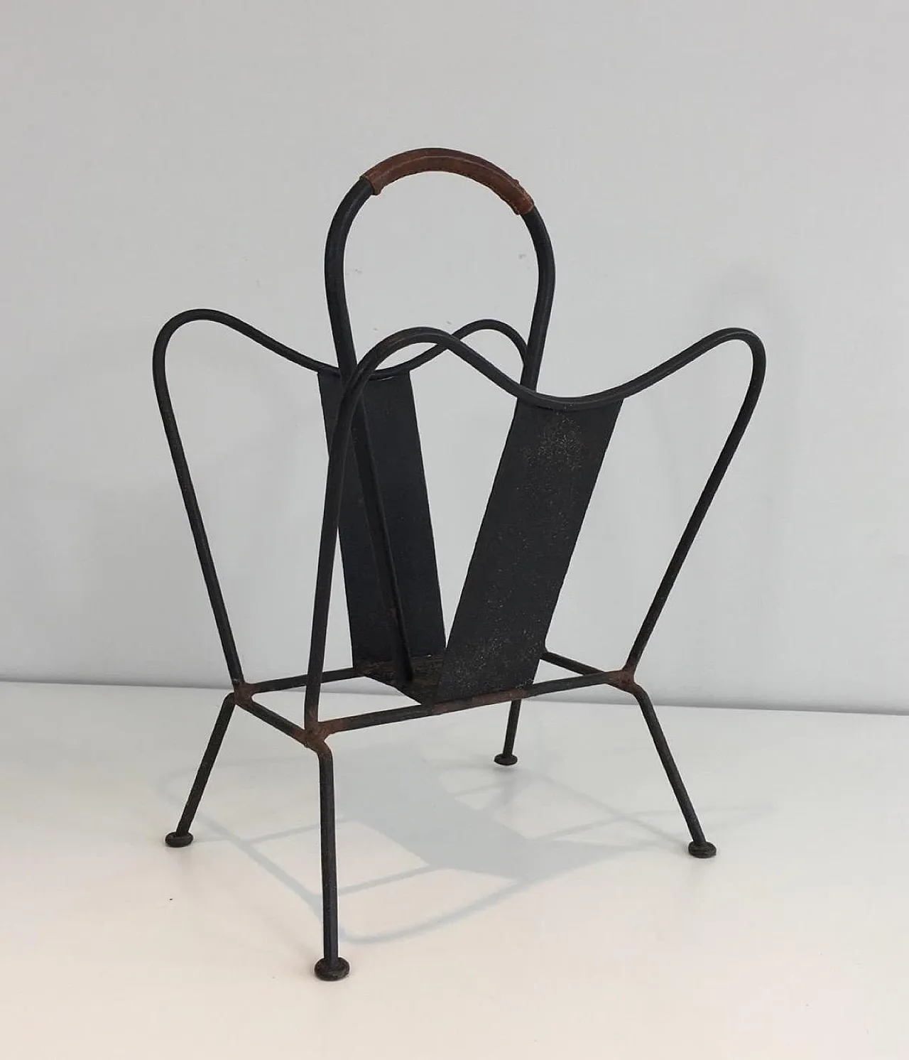 Black Lacquered and Brown Leather Magazine Rack, French, circa 1940 9