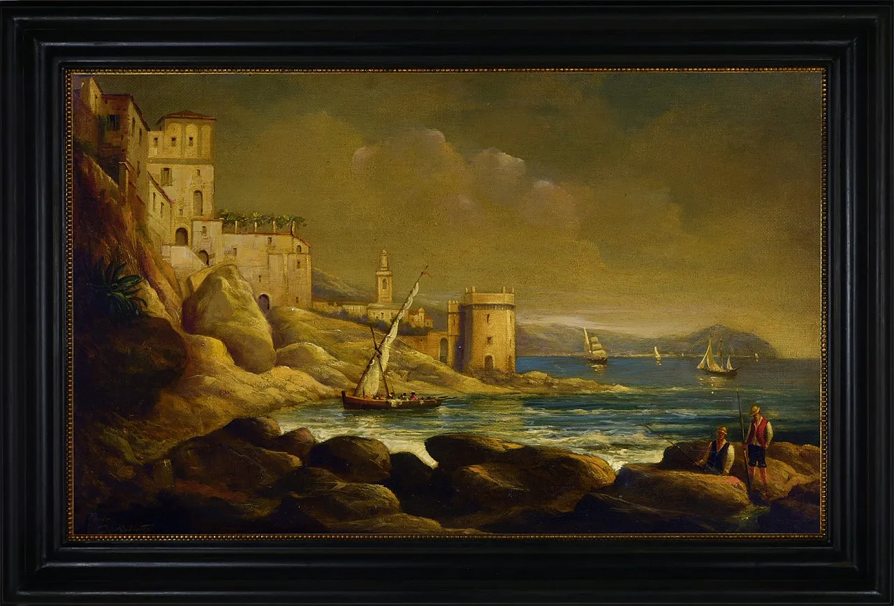 Paolo De Robertis, Paesaggio costiero, olio su tela di iuta, '900 8