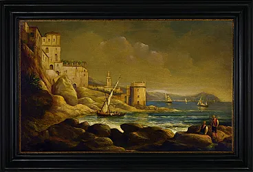 Paolo De Robertis, Landscape with Boats and Figures, 20th century