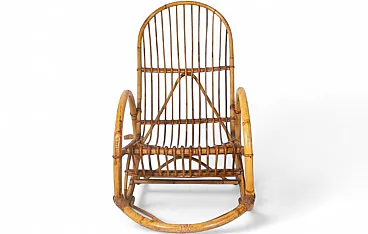 Rocking chair in curved bamboo with vertical slat weave, 1970s