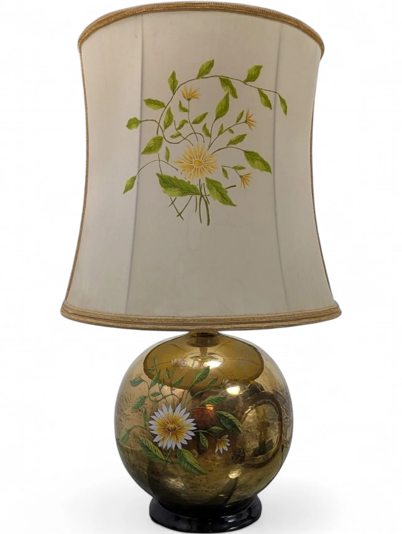 Gilded ceramic table lamp with floral decoration by Ghinza, 1970s 9