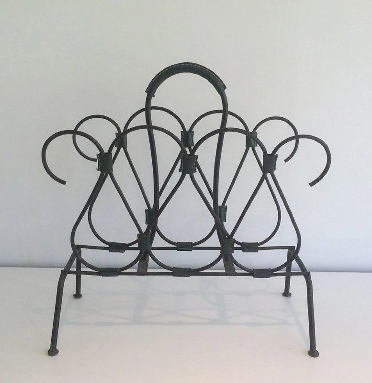 Lacquered Metal and Leather Magazine Rack Attributed to Jacques Adnet 2