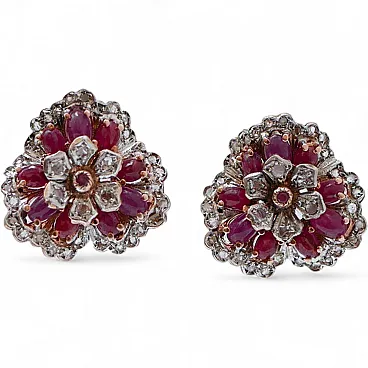 Orecchini con rubini, diamanti, oro rosa e argento, anni '70