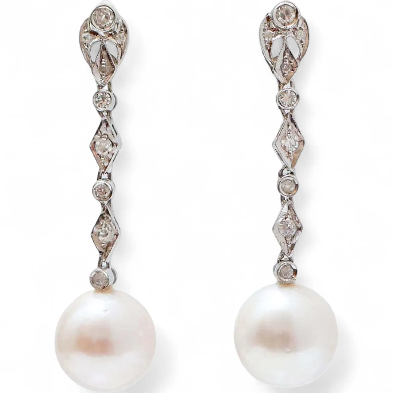 Orecchini con perle da 12 mm, diamanti e oro bianco, '900 7