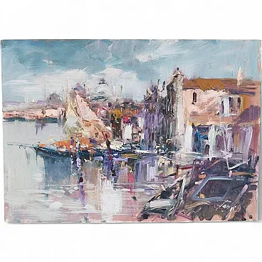 Renzo Piccoli, Porto Marino, oil on canvas, 20th century