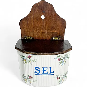 Scatola di sale in ceramica e legno, anni '70