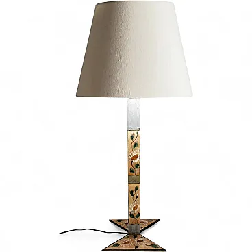 Lampada da tavolo in metallo con decorazione floreale, anni '70