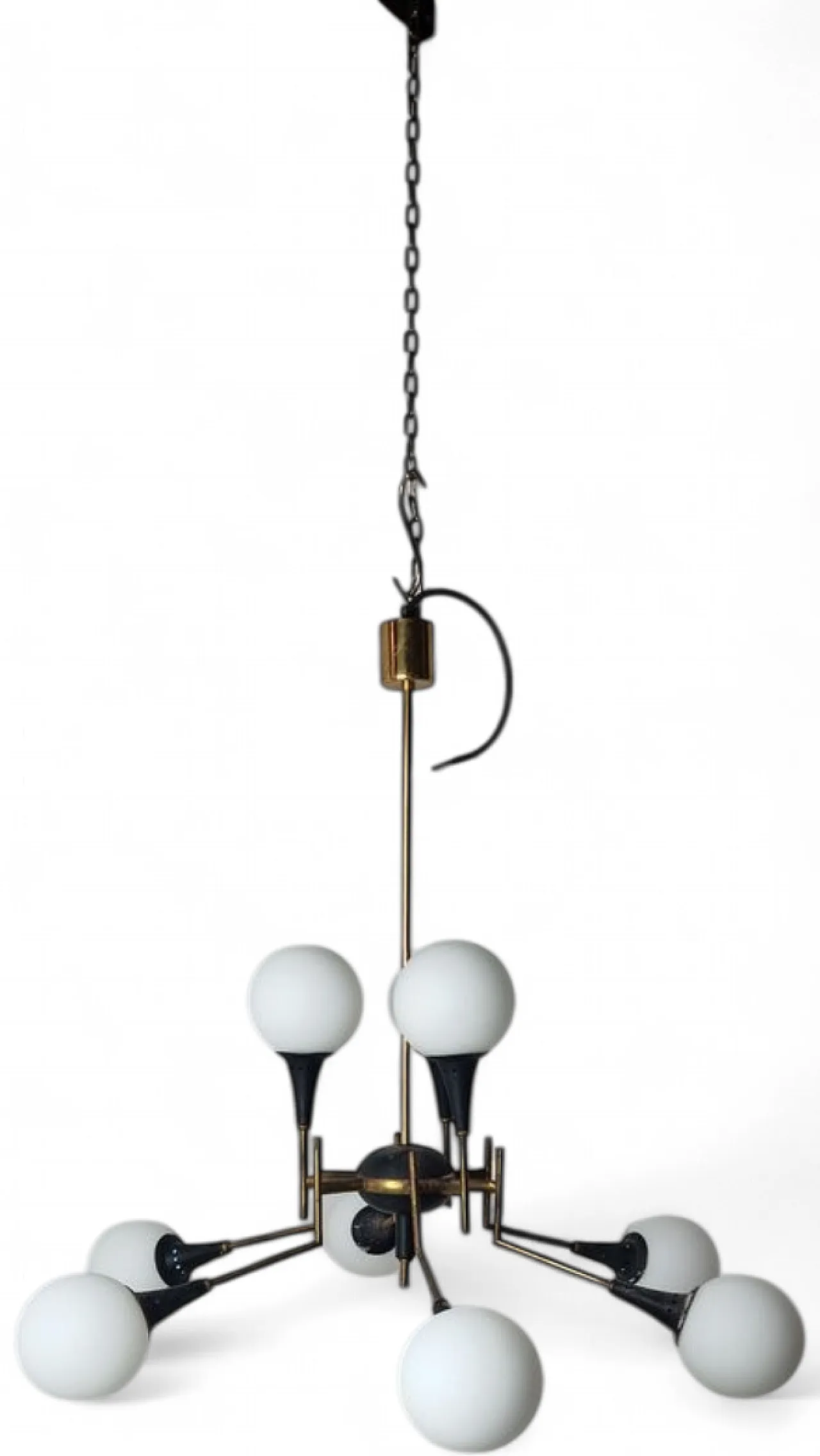 12-light brass chandelier with opaline spheres from Stilnovo, 1950s 16