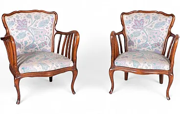 Pair of floral armchairs in cherrywood attributed to Paolo Buffa, 1950