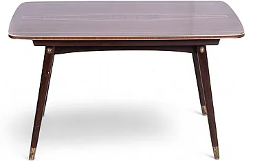 Teak table with manual lift and white details, 1970s