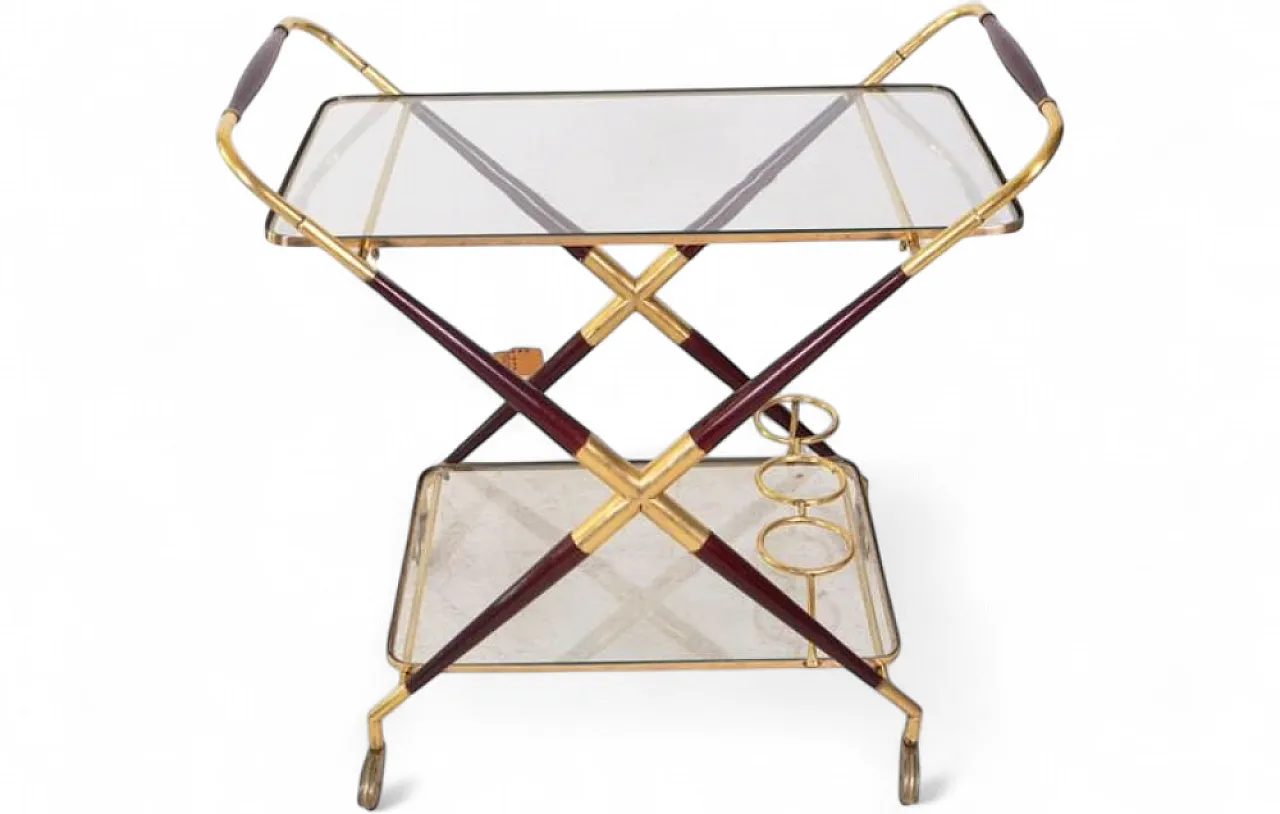 Brass and glass bar cart with x-frame structure, 1950s 9