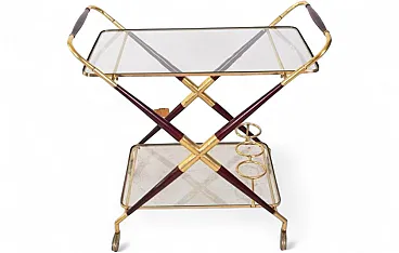 Brass and glass bar cart with x-frame structure, 1950s