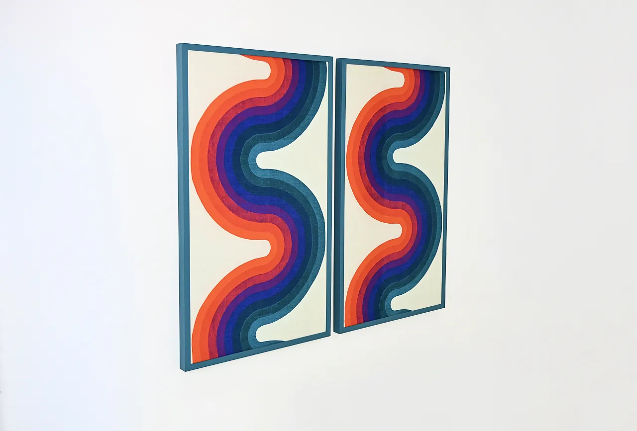 Pair of abstract fabric panels, lumber and fabric, 1970s 1