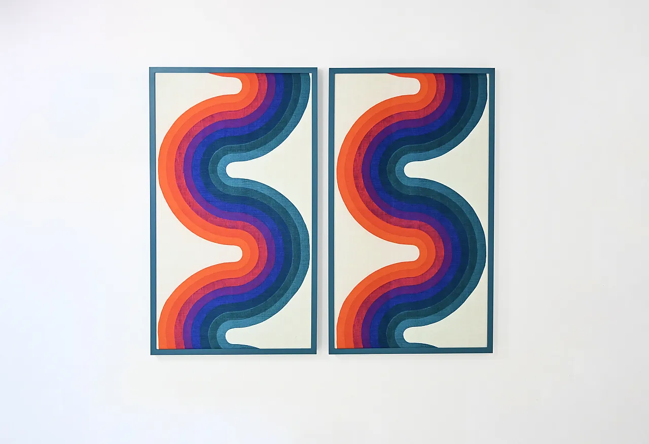 Pair of abstract fabric panels, lumber and fabric, 1970s 2