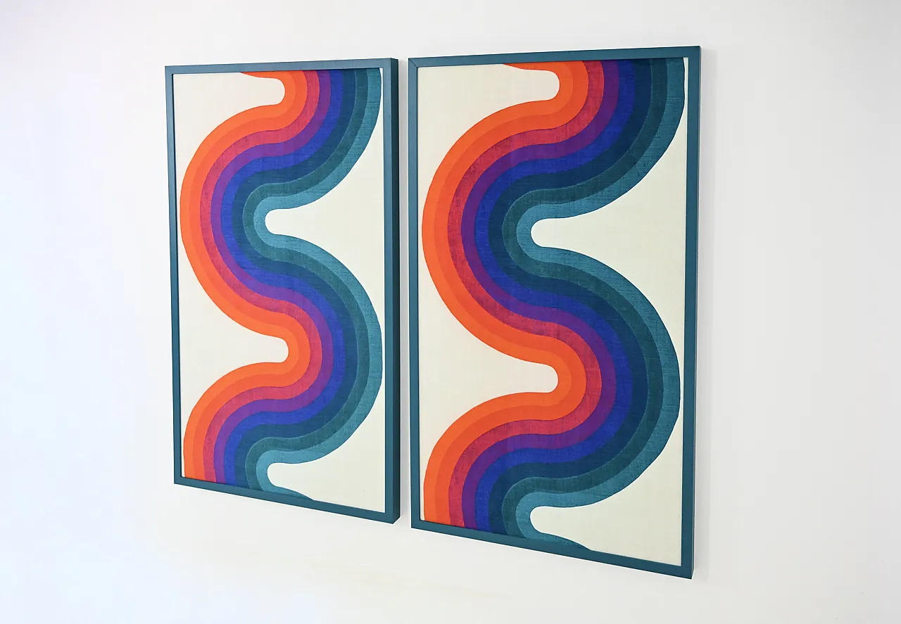 Pair of abstract fabric panels, lumber and fabric, 1970s 3