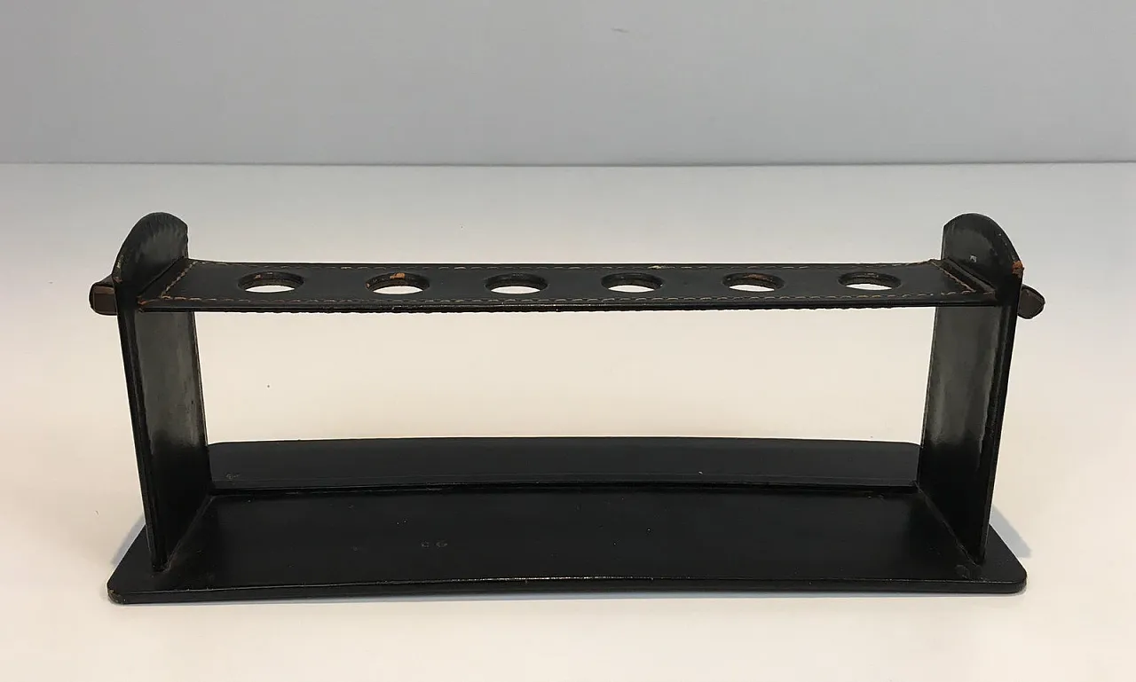 Jacques Adnet, black leather pipe display stand, French, circa 1950 3
