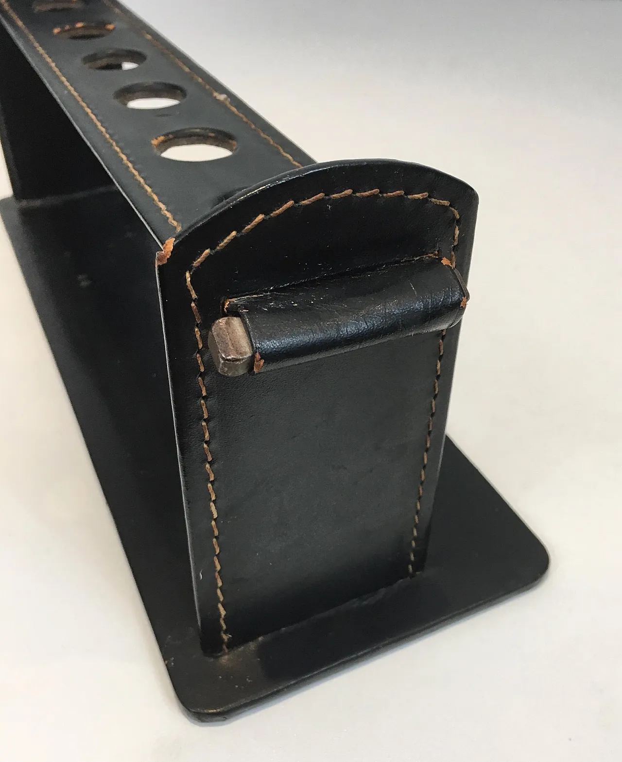 Jacques Adnet, black leather pipe display stand, French, circa 1950 7
