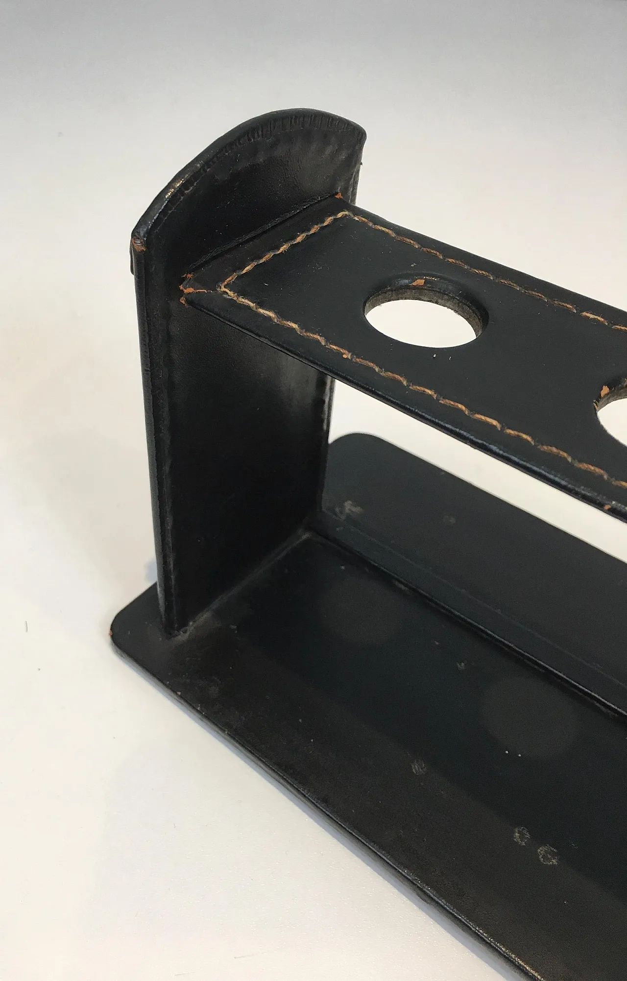 Jacques Adnet, black leather pipe display stand, French, circa 1950 8