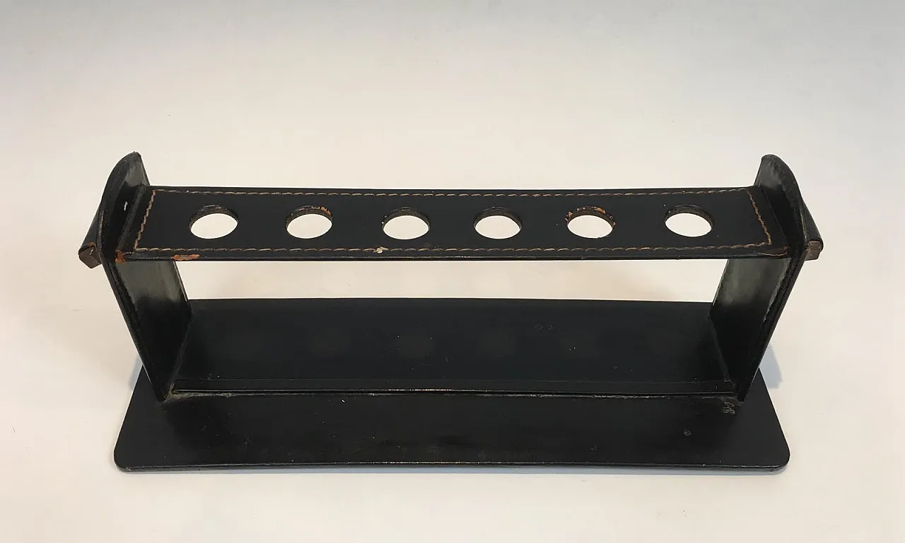 Jacques Adnet, black leather pipe display stand, French, circa 1950 9