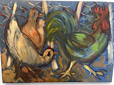 The Rooster and the Hens, painting, oil on wooden panel, 1970s