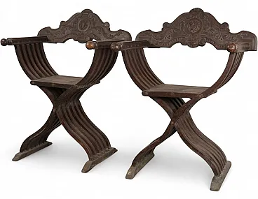 Pair of Savonarola armchairs in wood, 1920s