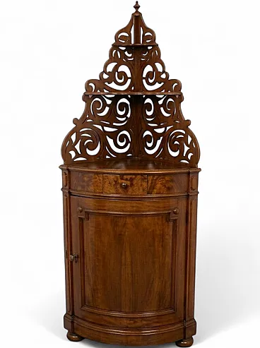 Corner walnut burl cabinet with carved pediment, 19th century