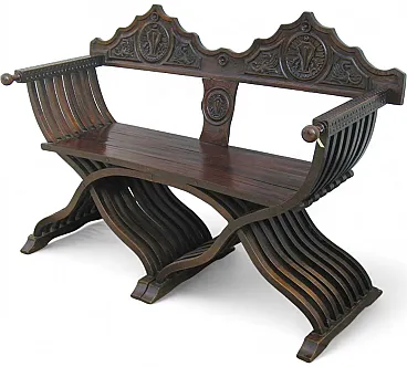 Savonarola sofa in wood, Renaissance style, 1920s