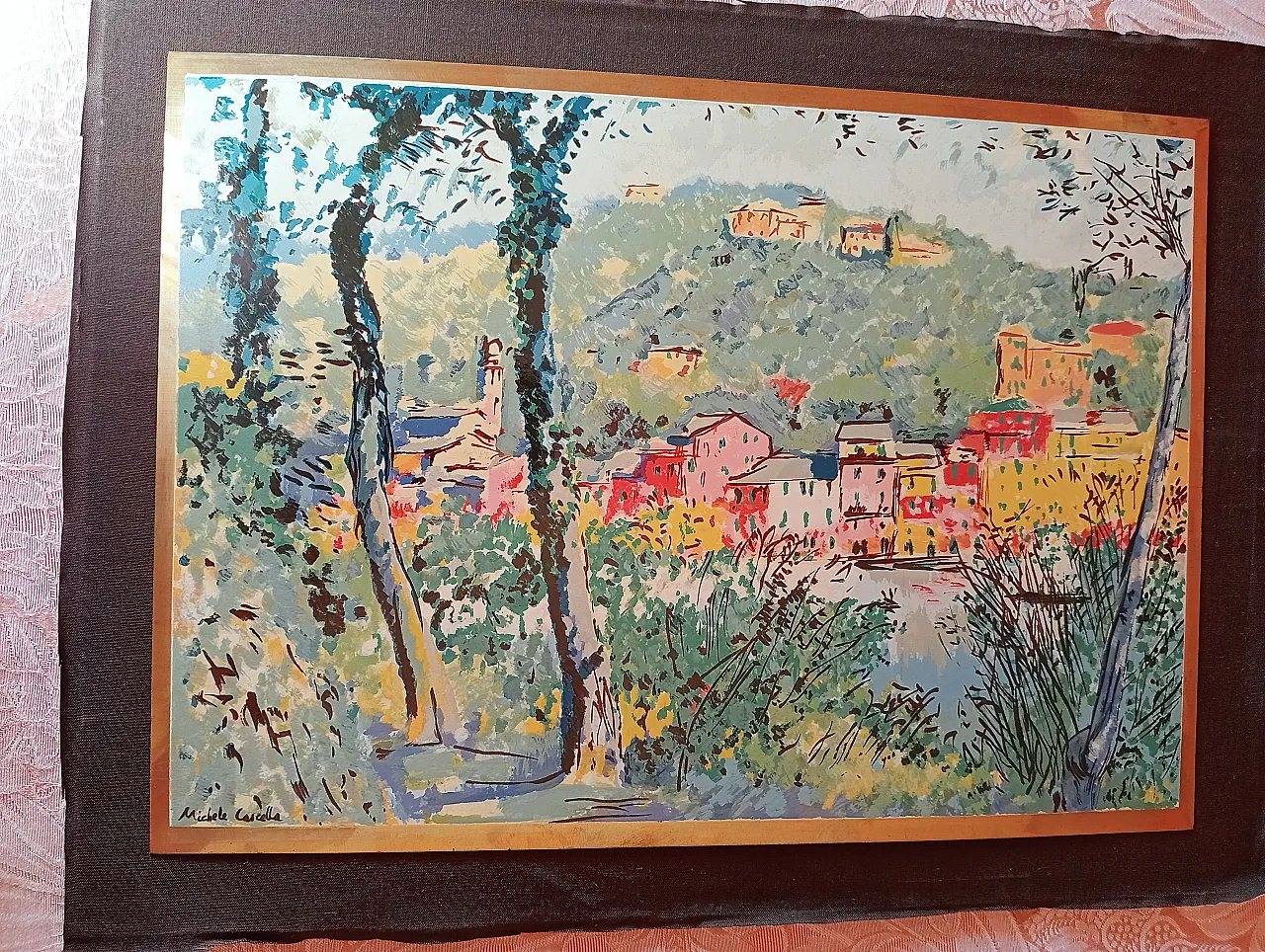 Michele Cascella, landscape, polychrome silkscreen on gilded metal plate, 1960s 1
