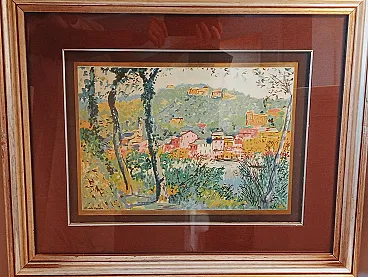 Michele Cascella, landscape, polychrome silkscreen on gilded metal plate, 1960s