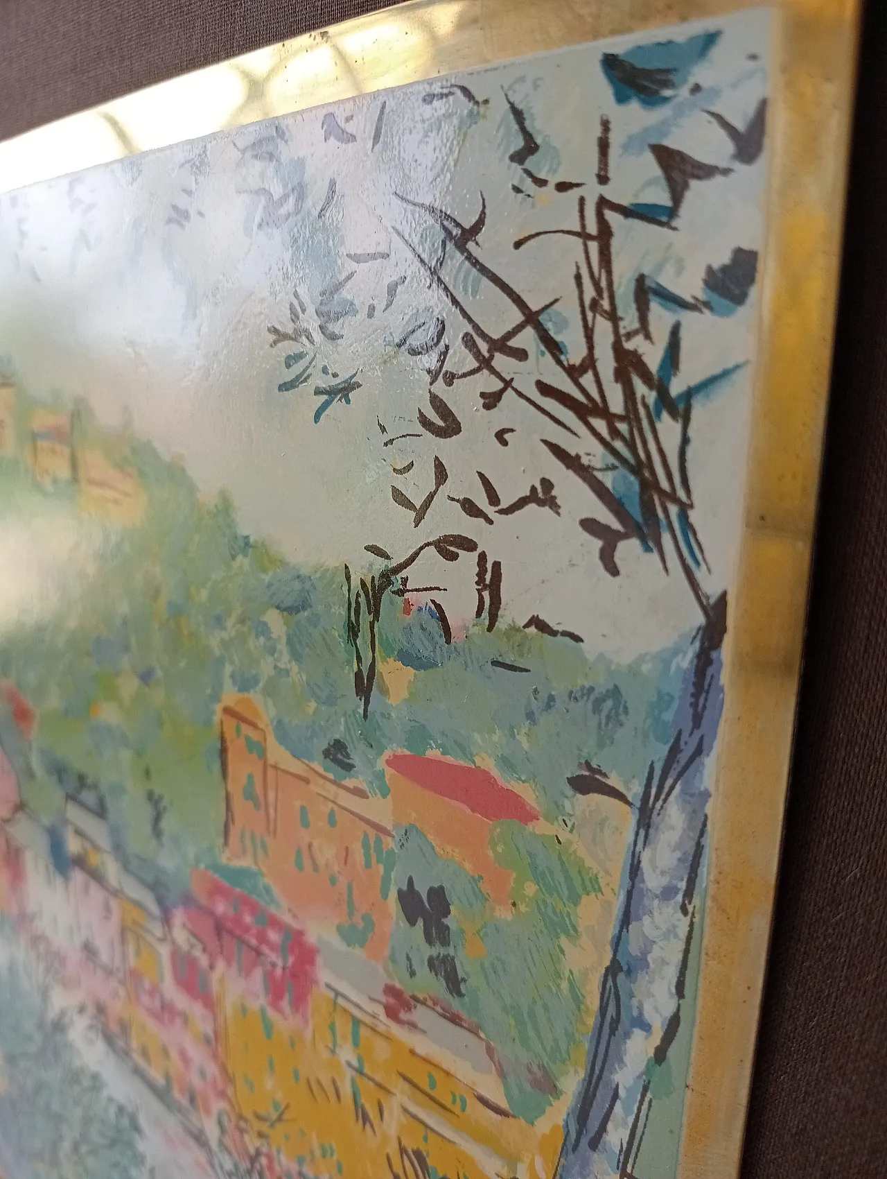 Michele Cascella, landscape, polychrome silkscreen on gilded metal plate, 1960s 3