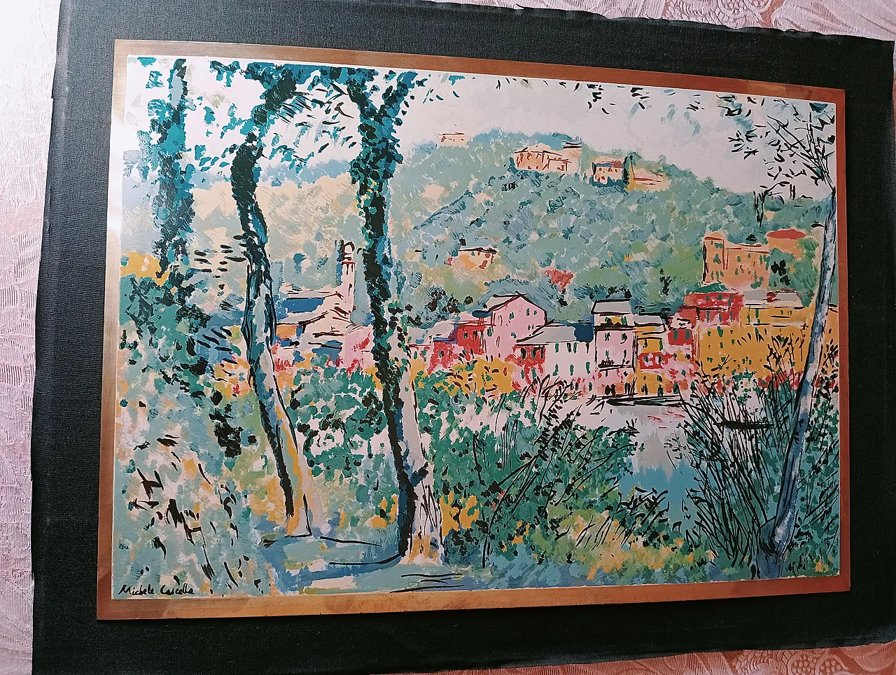 Michele Cascella, landscape, polychrome silkscreen on gilded metal plate, 1960s 4