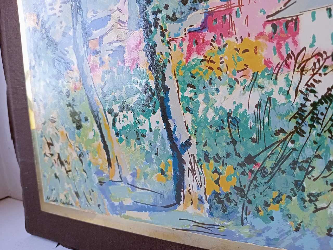Michele Cascella, landscape, polychrome silkscreen on gilded metal plate, 1960s 6