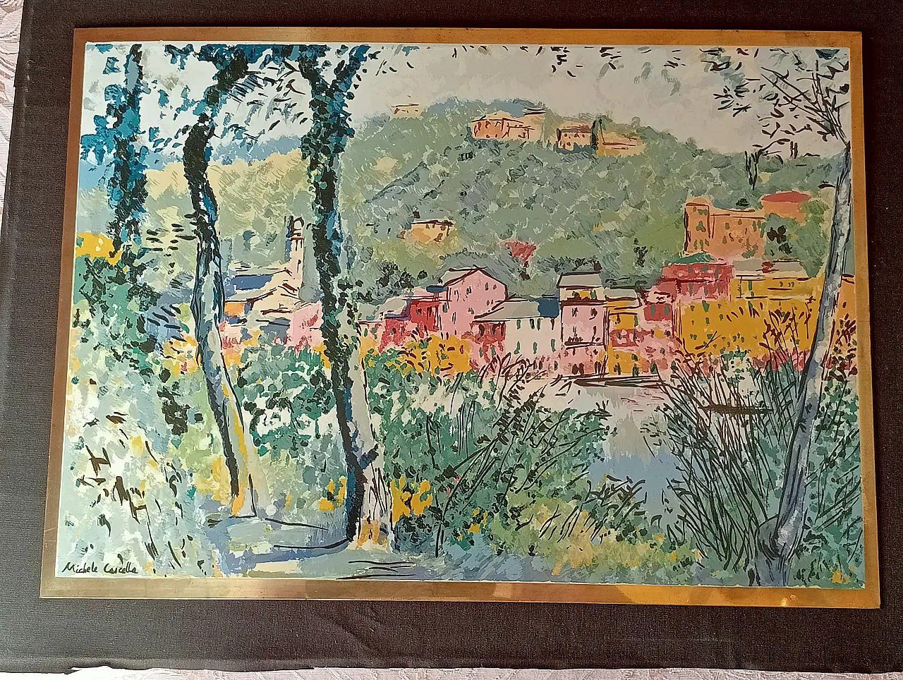 Michele Cascella, landscape, polychrome silkscreen on gilded metal plate, 1960s 8