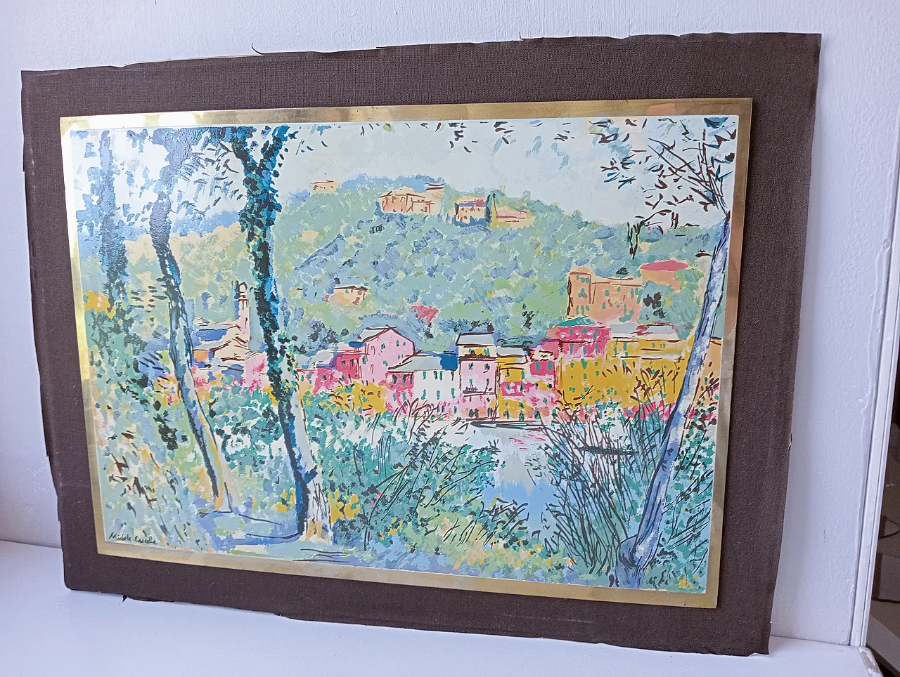 Michele Cascella, landscape, polychrome silkscreen on gilded metal plate, 1960s 9