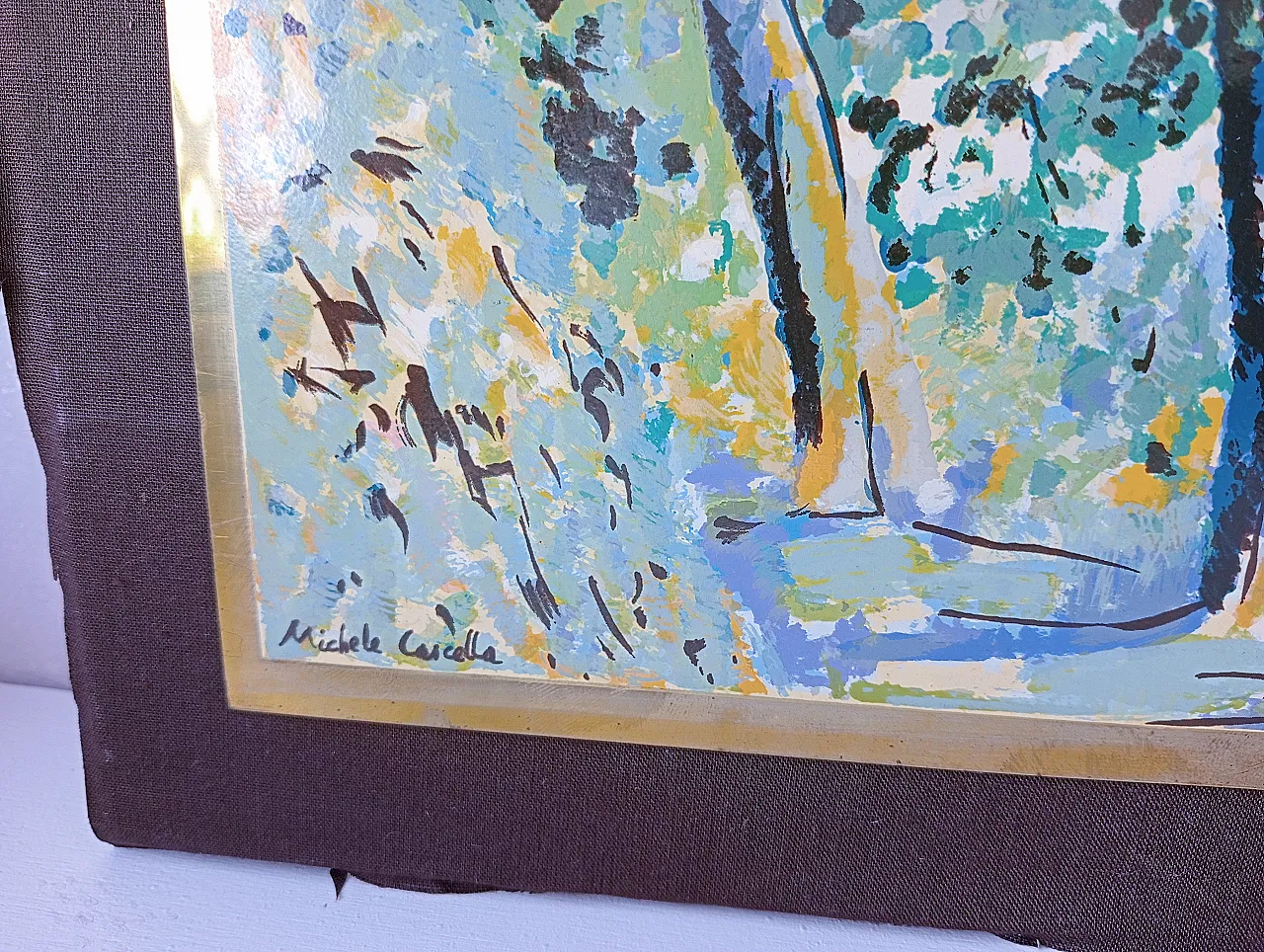 Michele Cascella, landscape, polychrome silkscreen on gilded metal plate, 1960s 10