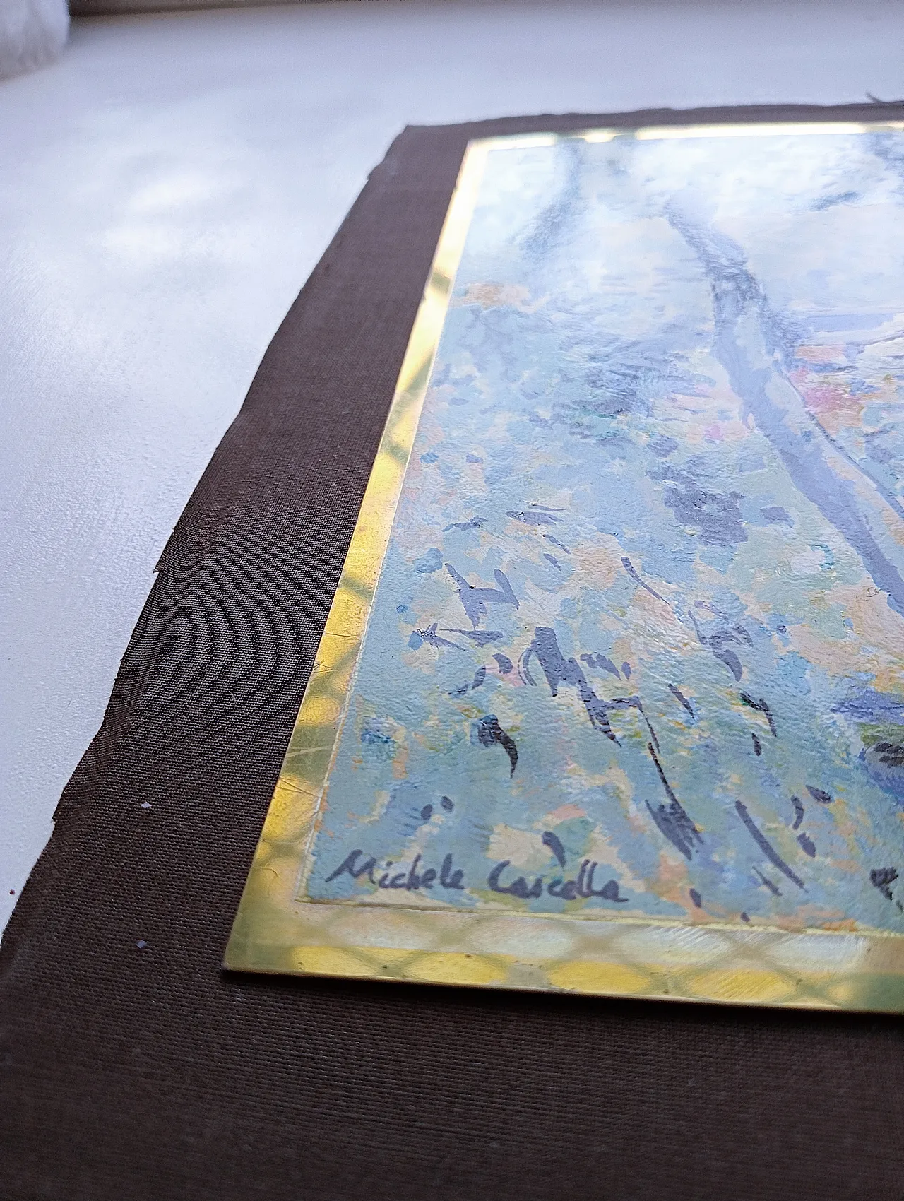 Michele Cascella, landscape, polychrome silkscreen on gilded metal plate, 1960s 12