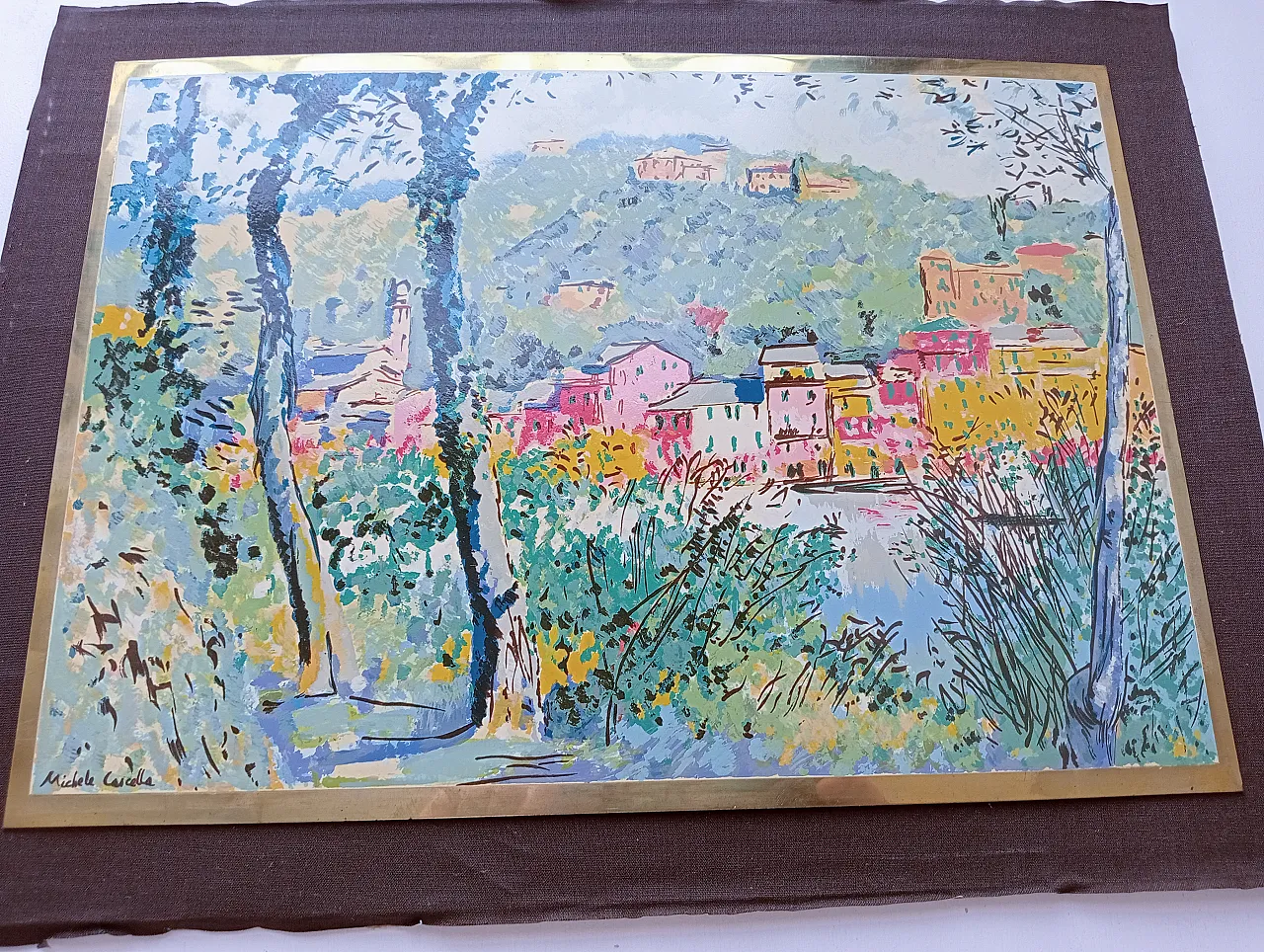 Michele Cascella, landscape, polychrome silkscreen on gilded metal plate, 1960s 13