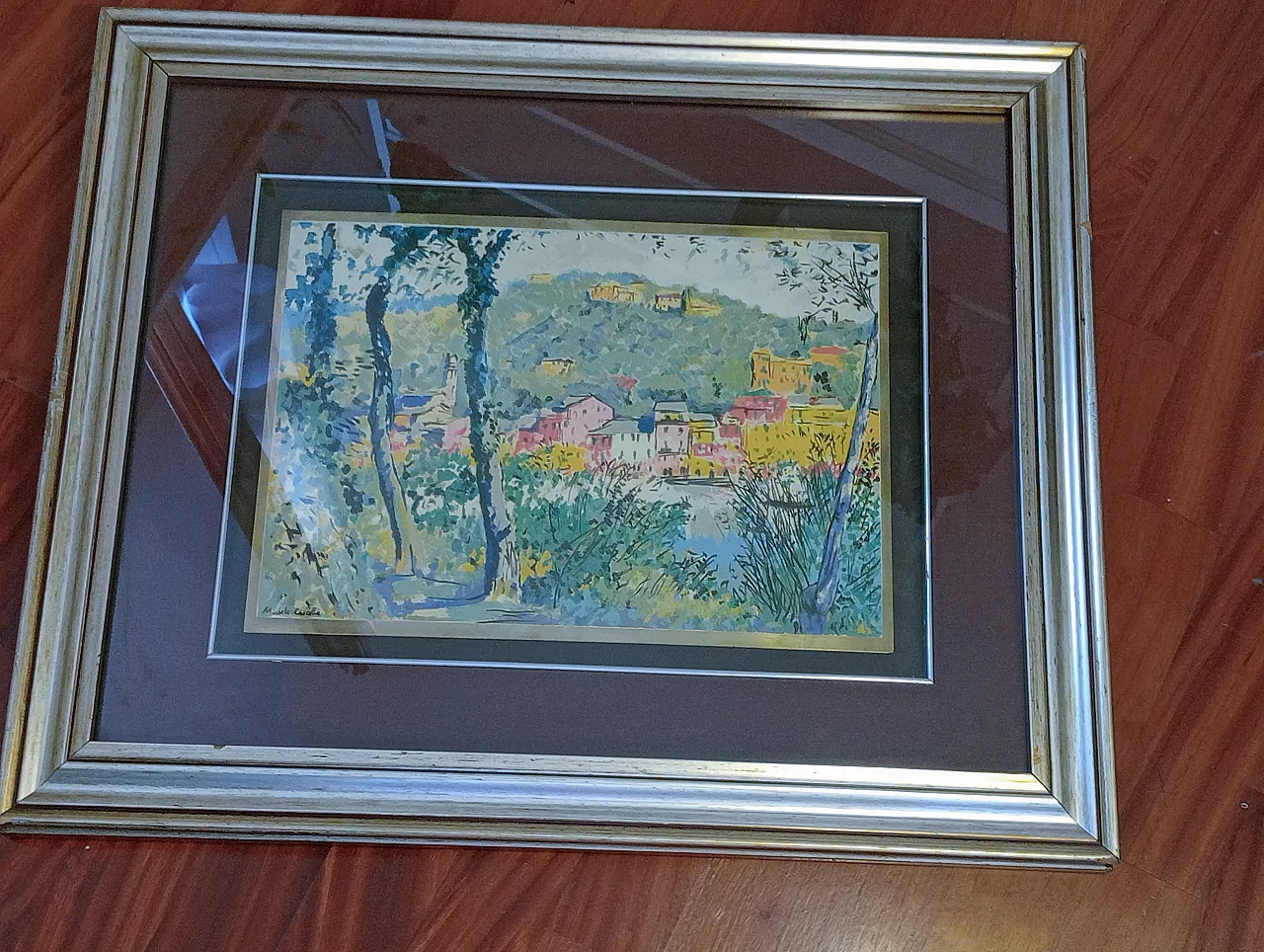 Michele Cascella, landscape, polychrome silkscreen on gilded metal plate, 1960s 16