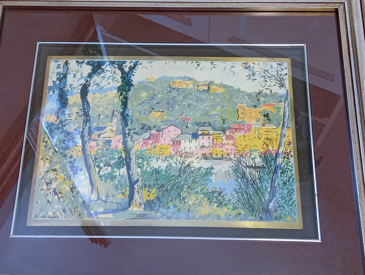 Michele Cascella, landscape, polychrome silkscreen on gilded metal plate, 1960s 17