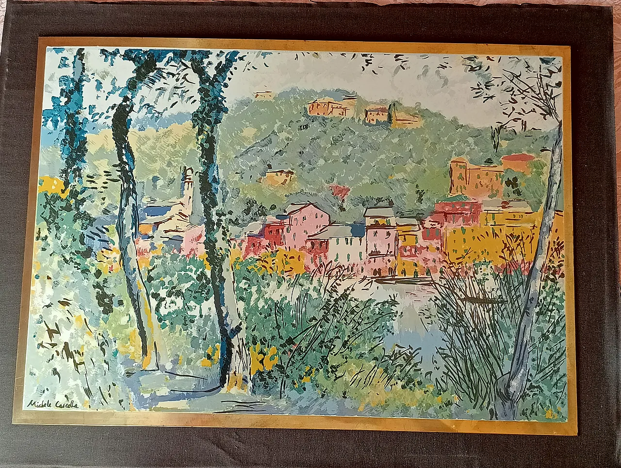 Michele Cascella, landscape, polychrome silkscreen on gilded metal plate, 1960s 18