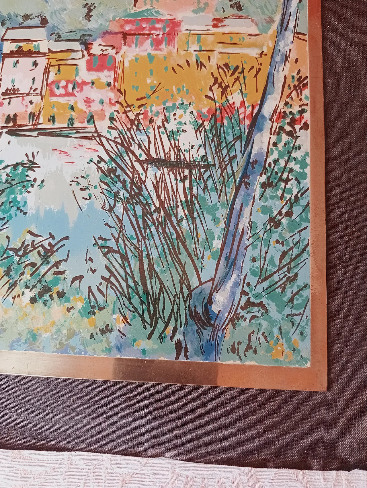 Michele Cascella, landscape, polychrome silkscreen on gilded metal plate, 1960s 24