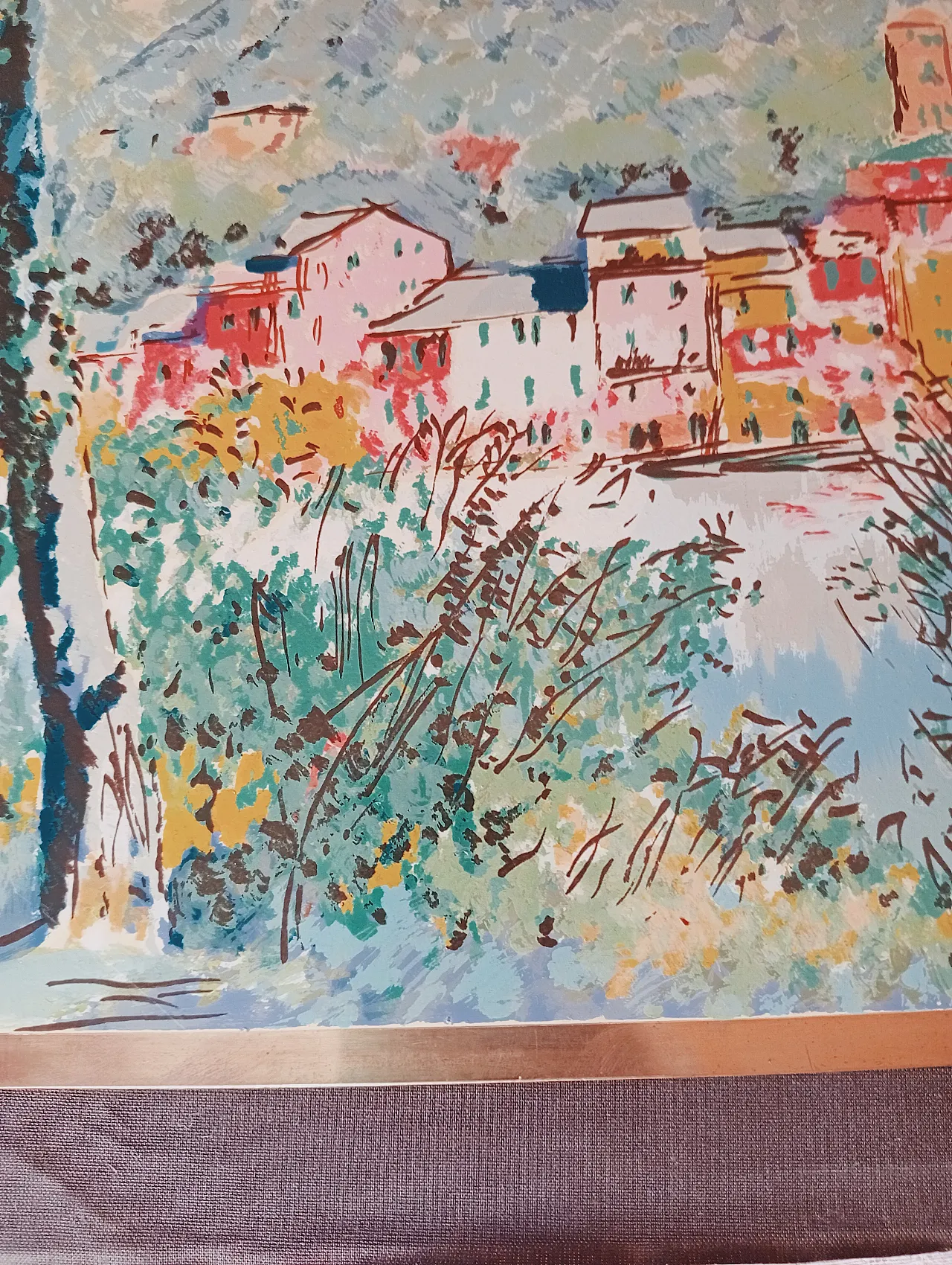 Michele Cascella, landscape, polychrome silkscreen on gilded metal plate, 1960s 25