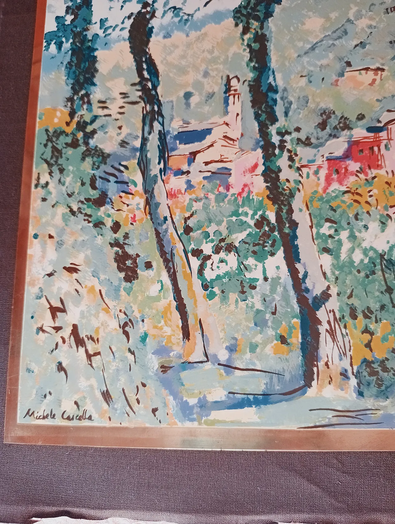 Michele Cascella, landscape, polychrome silkscreen on gilded metal plate, 1960s 26