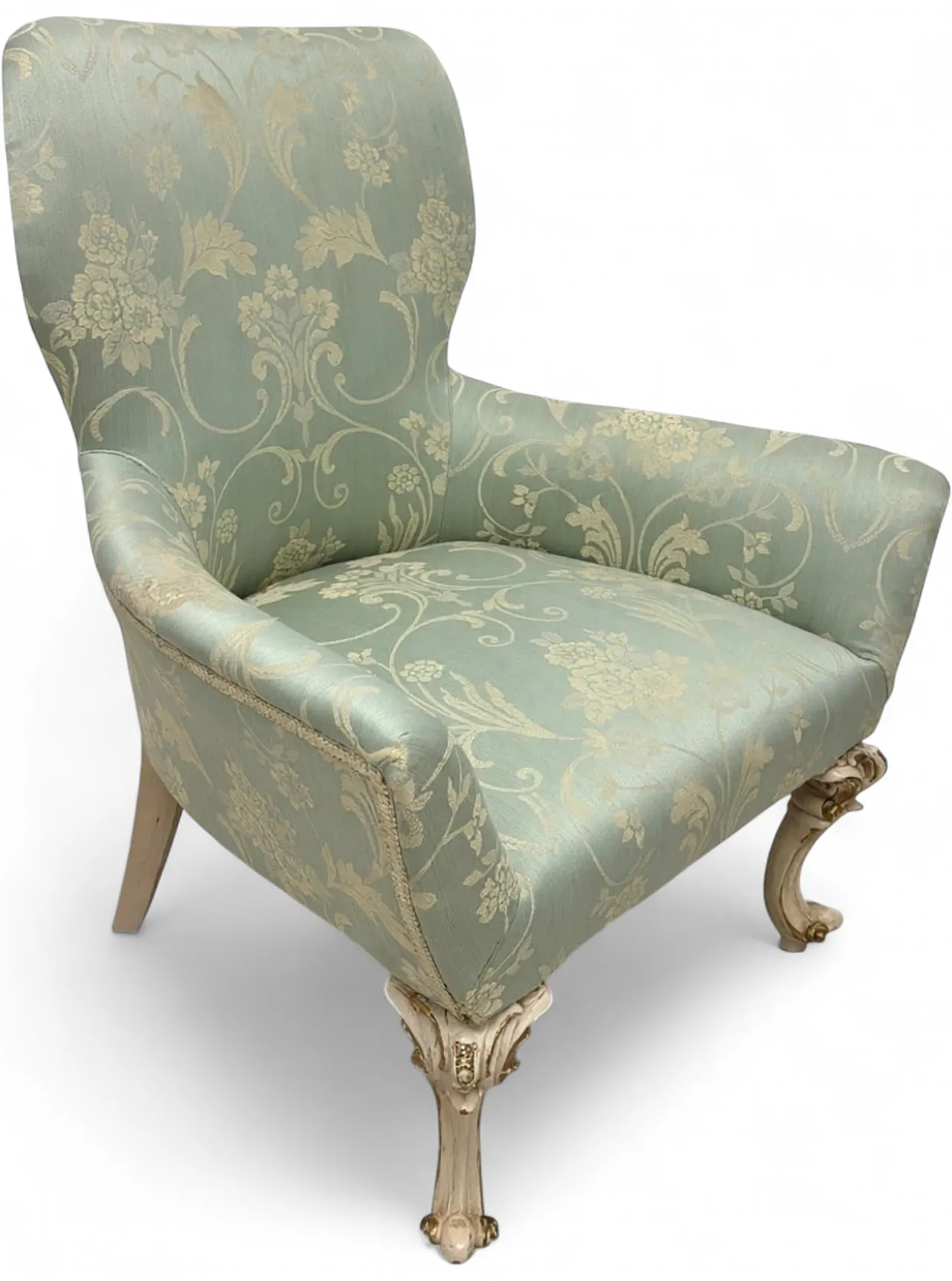 Armchair in damask fabric and light wood, 1960s 10