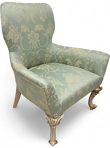 Armchair in damask fabric and light wood, 1960s