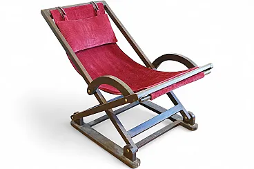 Rocking hammock armchair in beech and red velvet, 1940s