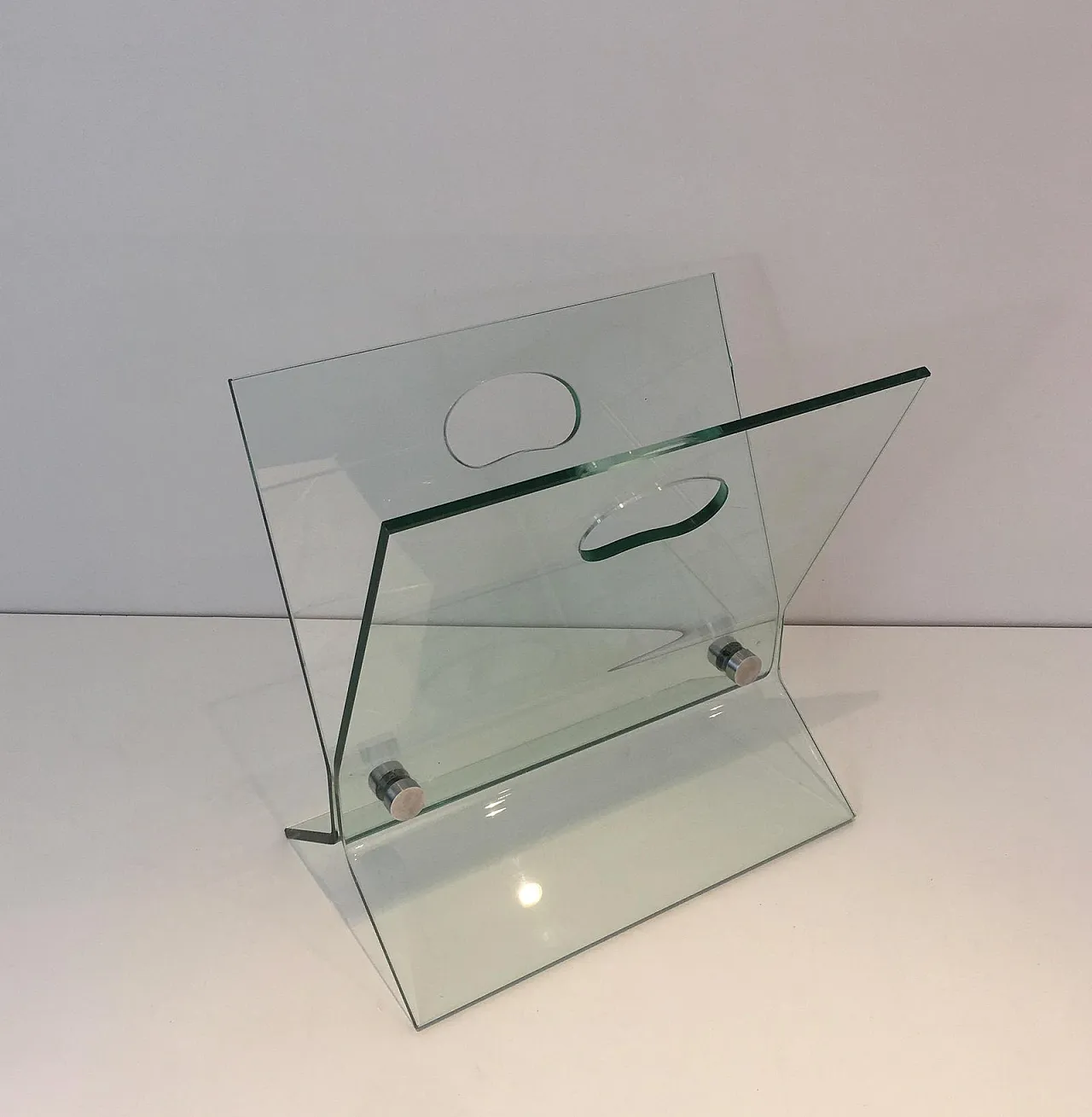 In the Style of François Arnal, Glass and Brushed Steel Magazine Rack 2